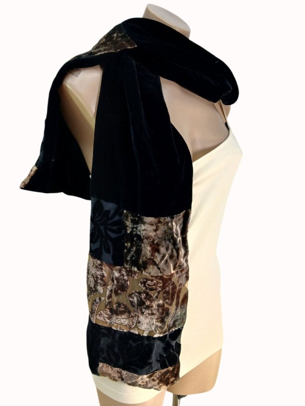 Mina Mann Black Gold Silk Velour Velvet Brown Burnout Scarf Wrap 62x9" - Picture 2 of 15